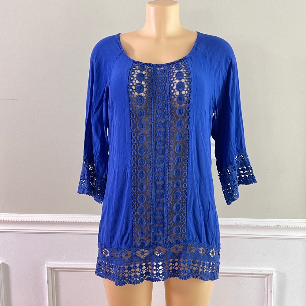 Solitaire Swim Tunic Top L Womens Crochet Lace Inset‎ 3/4 Sleeve Royal Blue Boho